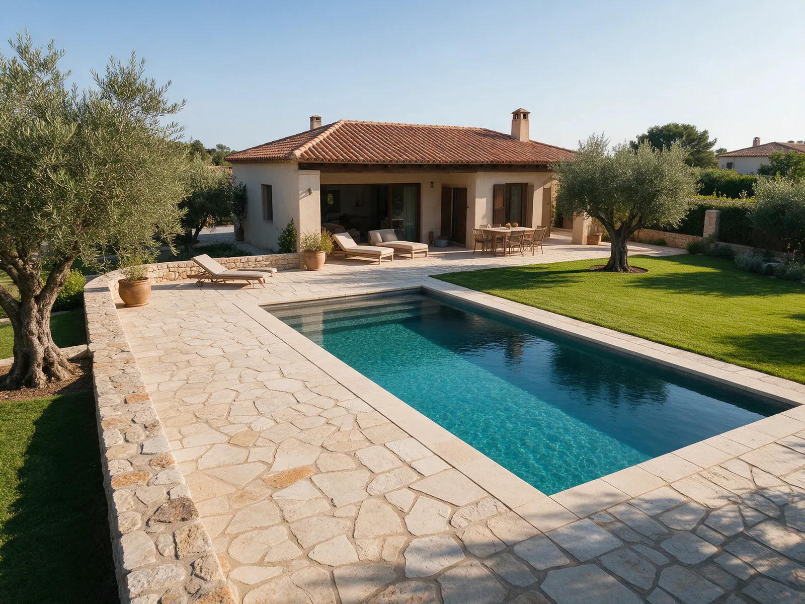Piscina y terraza — Casa mediterránea con piscina (imagen generada, demostrativa)