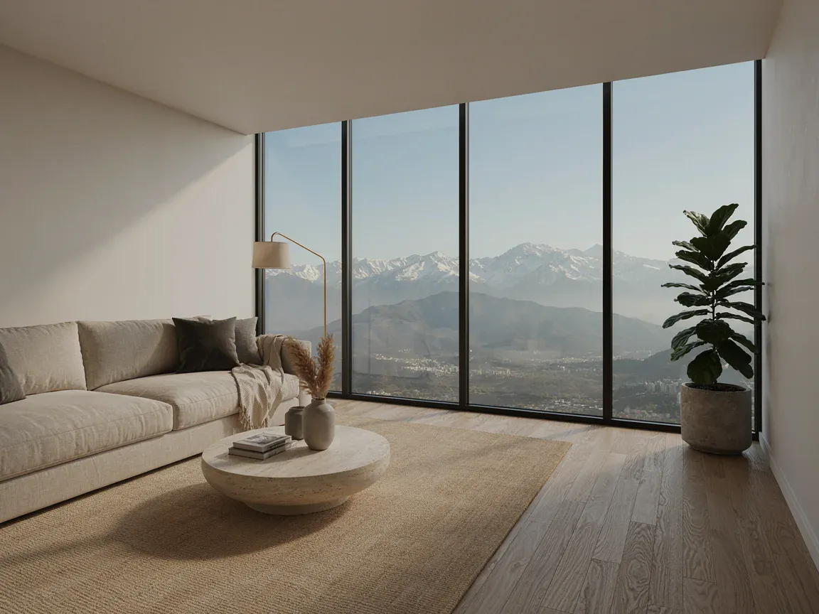 Living con vista a la cordillera — Departamento luminoso con terraza cerca del metro (imagen generada, demostrativa)