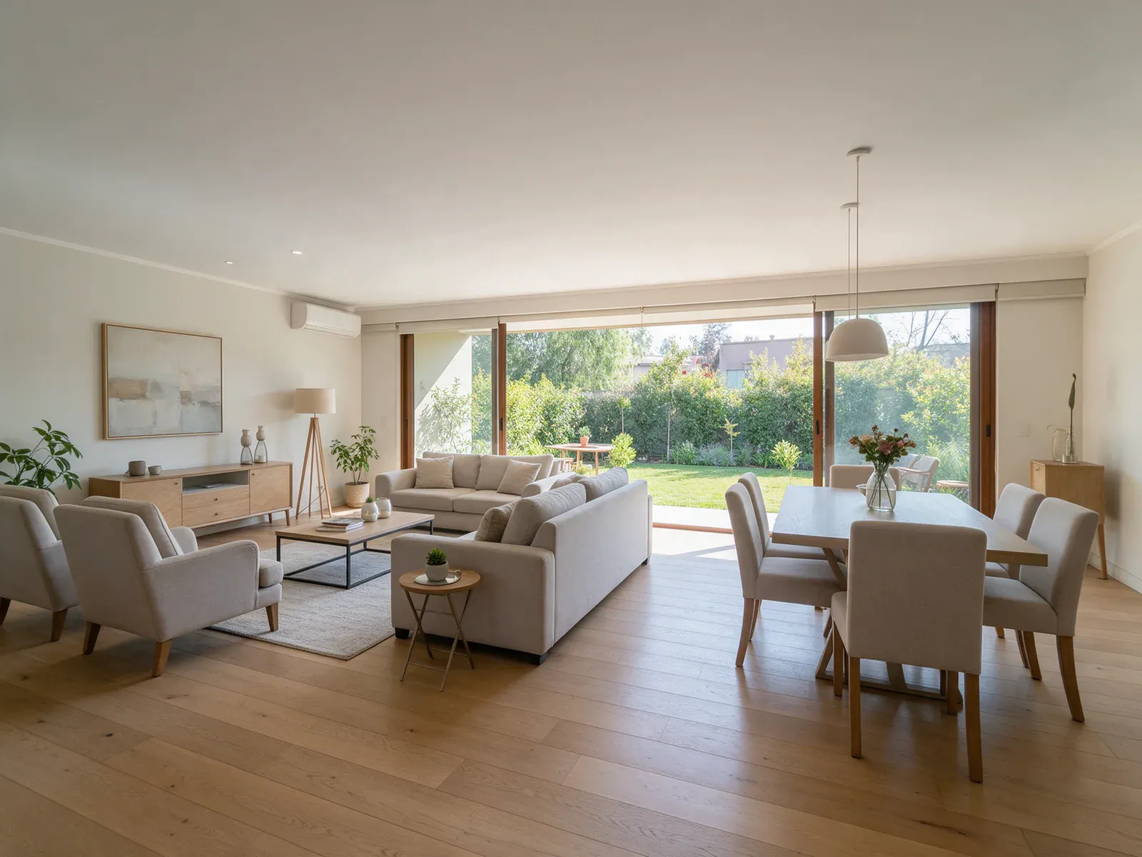 Living-comedor hacia el jardín — Casa en condominio con jardín (imagen generada, demostrativa)