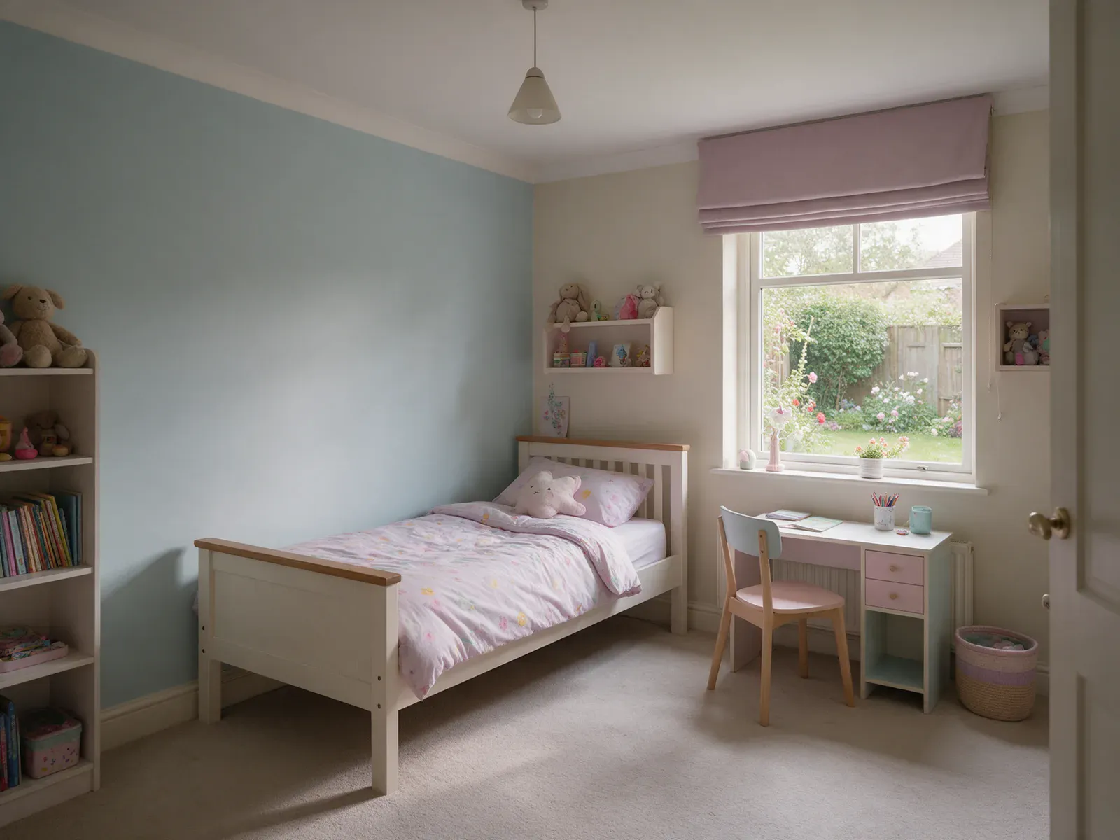 Dormitorio infantil — Casa en condominio con jardín (imagen generada, demostrativa)
