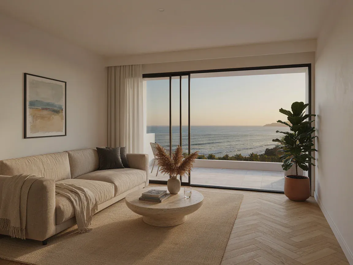Living con vista al mar — Departamento con vista al mar (imagen generada, demostrativa)