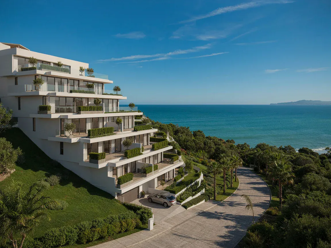 Edificio frente al mar — Departamento con vista al mar (imagen generada, demostrativa)