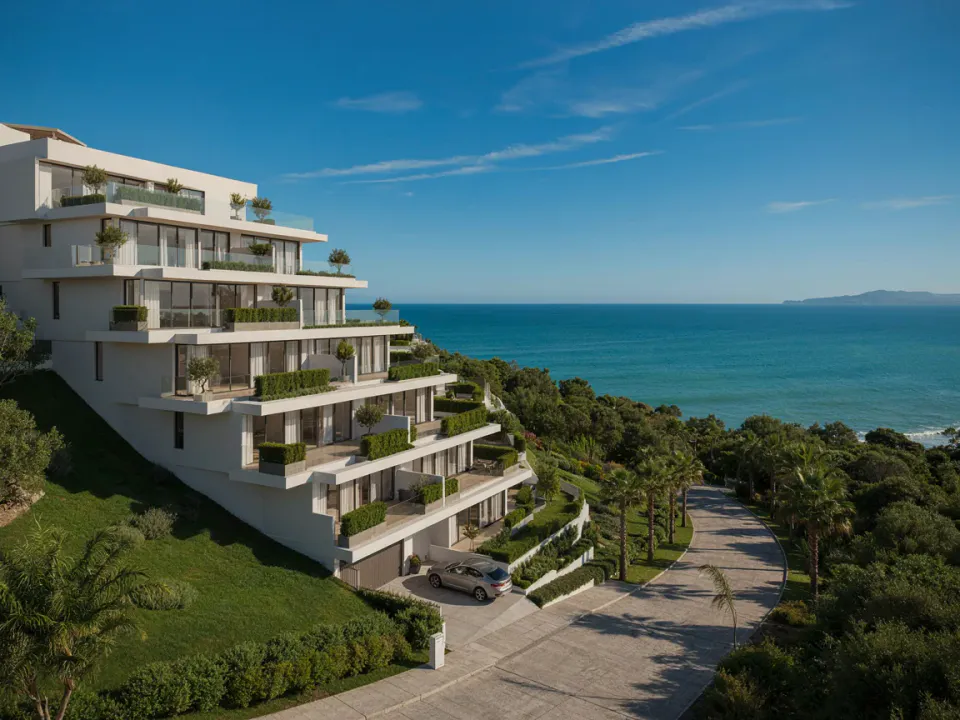 Edificio frente al mar — Departamento con vista al mar (imagen generada, demostrativa)