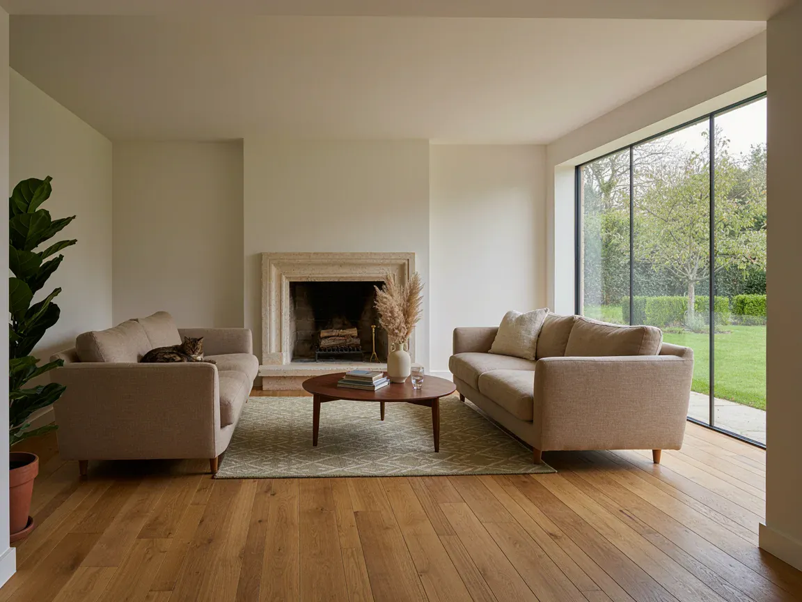 Living con chimenea — Casa familiar con jardín y quincho (imagen generada, demostrativa)