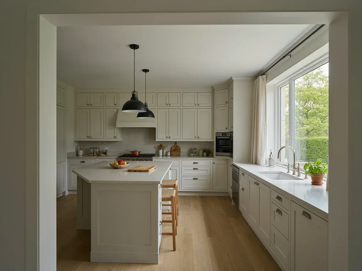 Cocina con isla — Casa familiar con jardín y quincho (imagen generada, demostrativa)
