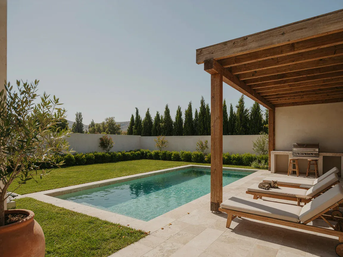 Jardín con piscina y quincho — Casa familiar con jardín y quincho (imagen generada, demostrativa)