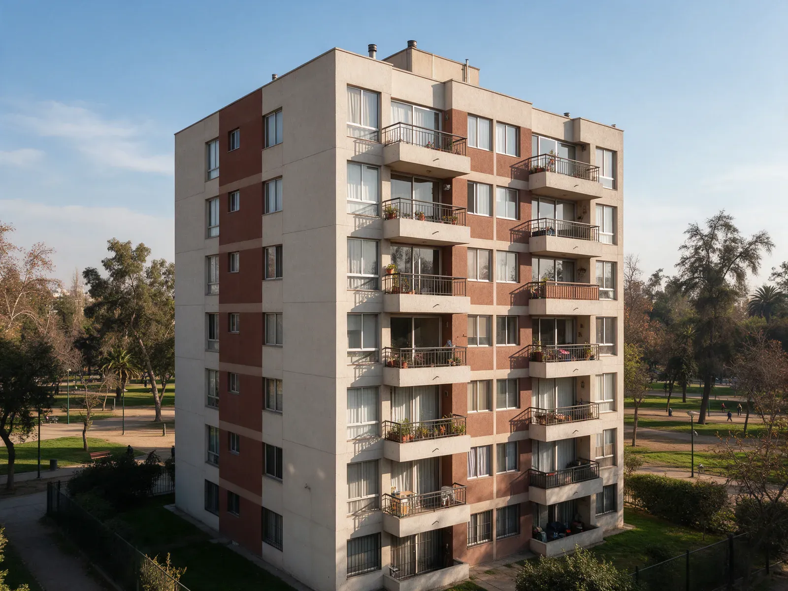 Edificio junto al parque — Departamento familiar cerca de parque (imagen generada, demostrativa)