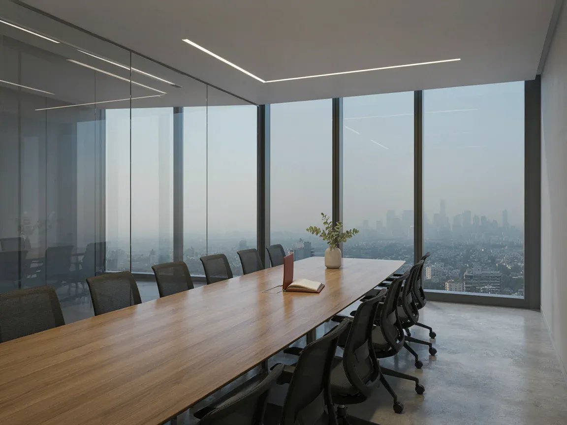 Sala de reuniones — Oficina con planta libre y dos privados (imagen generada, demostrativa)